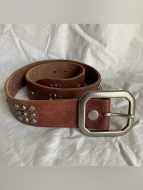 Lucky Brand Leather Brass Studded Belt Women Brown Size S 32" Solid Brass Buckle